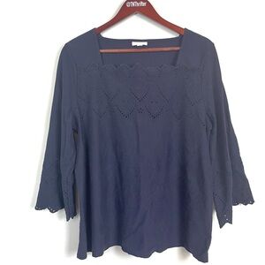 J. Jill Eyelet Lace Bell Sleeve Square Neck Blouse Navy Blue Women's Size Large